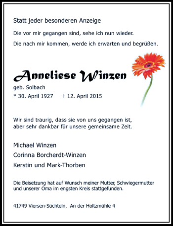 Traueranzeige von Winzen Anneliese von Rheinische Post