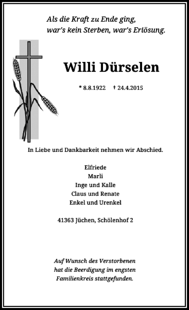  Traueranzeige für Dürselen Willi vom 02.05.2015 aus Rheinische Post
