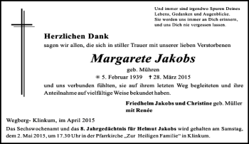 Traueranzeige von Jakobs Margarete von Rheinische Post