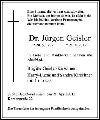 Traueranzeige von Geisler Jürgen von Rheinische Post