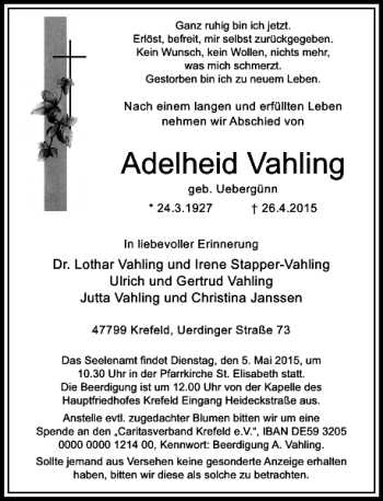 Traueranzeige von Vahling Adelheid von Rheinische Post