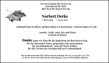 Traueranzeige von Derks Norbert von Rheinische Post