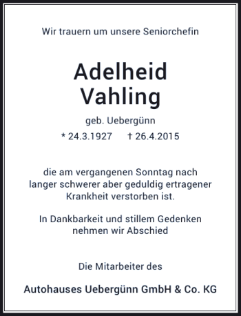 Traueranzeige von Vahling Adelheid von Rheinische Post