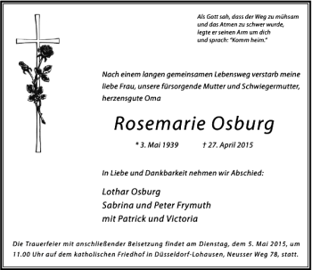 Traueranzeige von Osburg Rosemarie von Rheinische Post