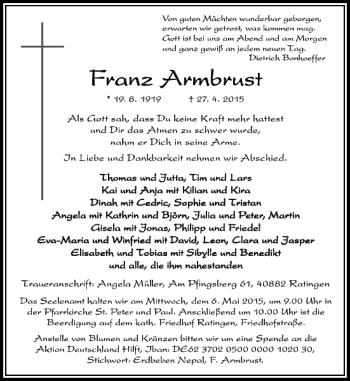 Traueranzeige von Armbrust Franz von Rheinische Post