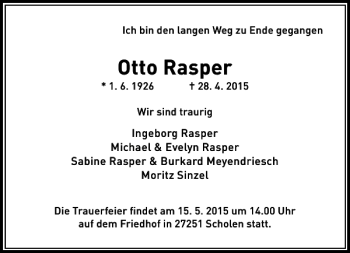 Traueranzeige von Rasper Otto von Rheinische Post