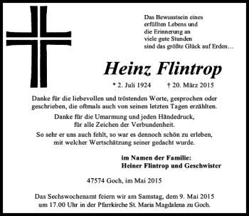 Traueranzeige von Flintrop Heinz von Rheinische Post