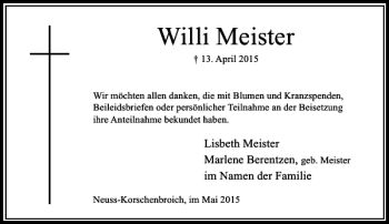 Traueranzeige von Meister Willi von Rheinische Post