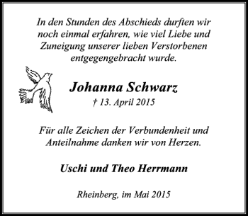 Traueranzeige von Schwarz Johanna von Rheinische Post