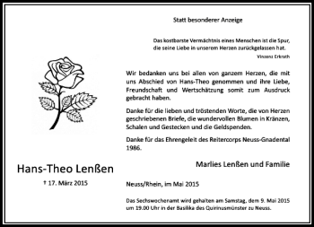 Traueranzeige von Lenßen Hans-Theo von Rheinische Post