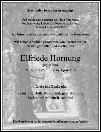 Traueranzeige von Hornung Elfriede von Rheinische Post