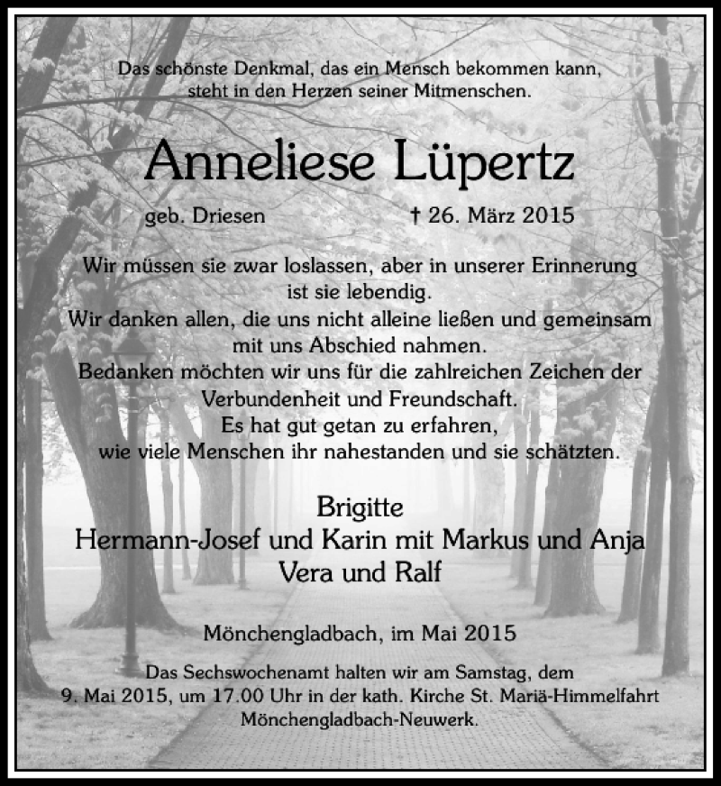  Traueranzeige für Lüpertz Anneliese vom 02.05.2015 aus Rheinische Post
