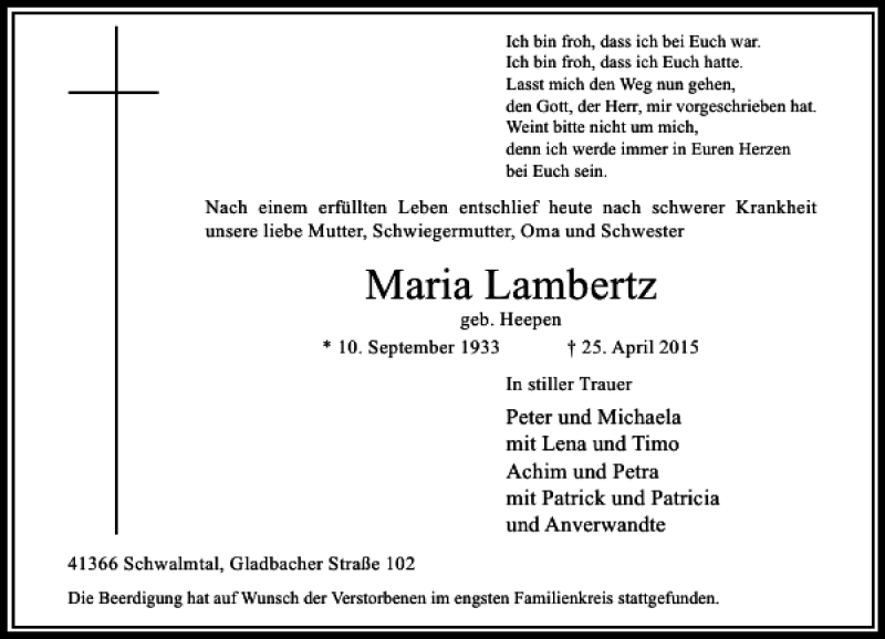  Traueranzeige für Lambertz Maria vom 02.05.2015 aus Rheinische Post