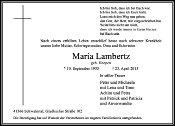 Traueranzeige von Lambertz Maria von Rheinische Post