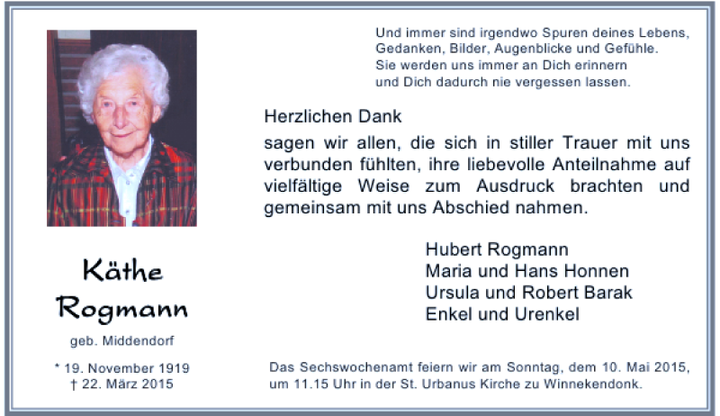  Traueranzeige für Rogmann Käthe vom 02.05.2015 aus Rheinische Post