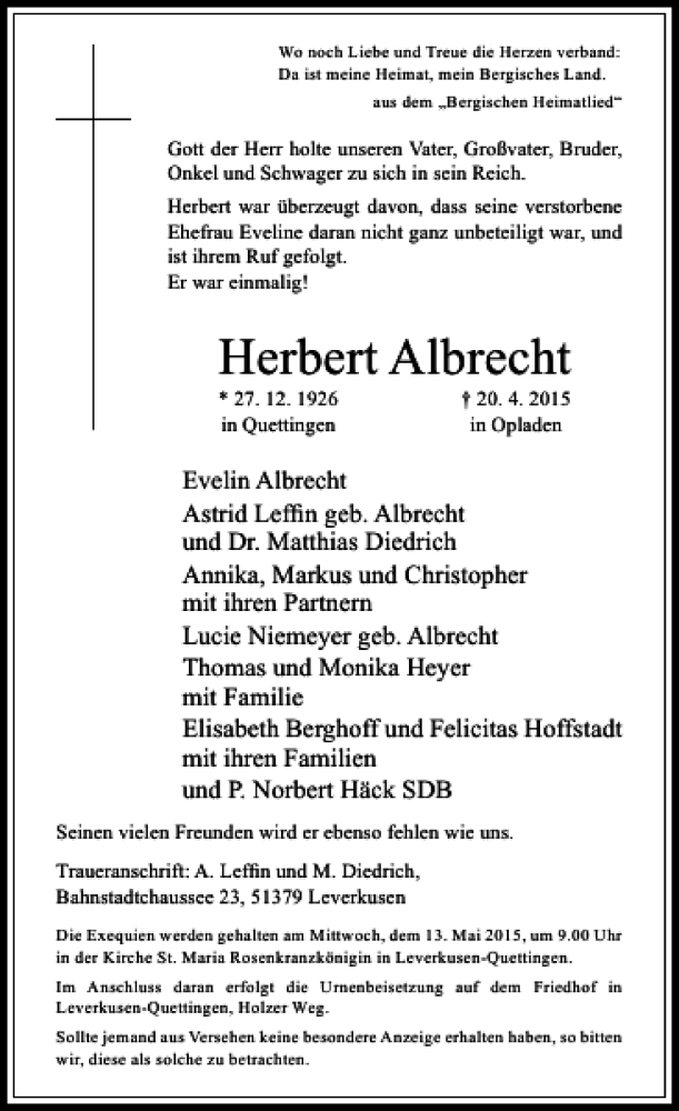  Traueranzeige für Albrecht Herbert vom 02.05.2015 aus Rheinische Post