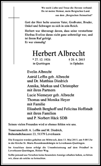 Traueranzeige von Albrecht Herbert von Rheinische Post