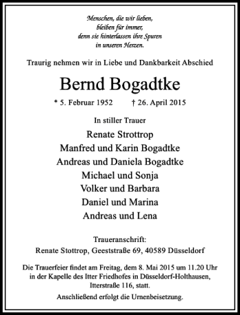Traueranzeige von Bogadtke Bernd von Rheinische Post