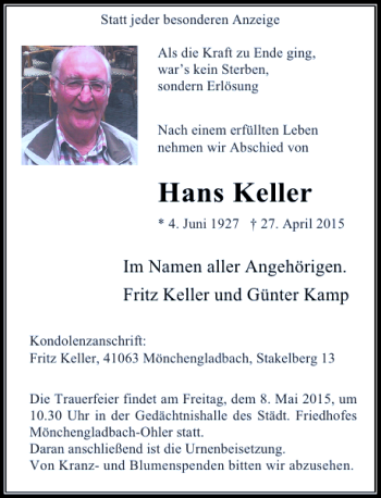 Traueranzeige von Keller Hans von Rheinische Post