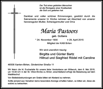 Traueranzeige von Pastoors Maria von Rheinische Post