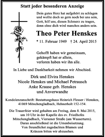 Traueranzeige von Peter Henskes Theo von Rheinische Post