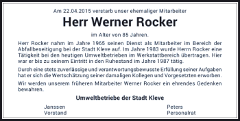 Traueranzeige von Rocker Werner von Rheinische Post