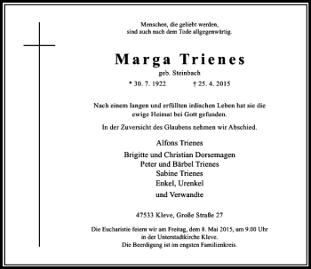 Traueranzeige von Trienes Marga von Rheinische Post