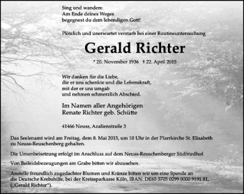 Traueranzeige von Richter Gerald von Rheinische Post