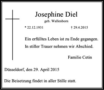 Traueranzeige von Diel Josephine von Rheinische Post