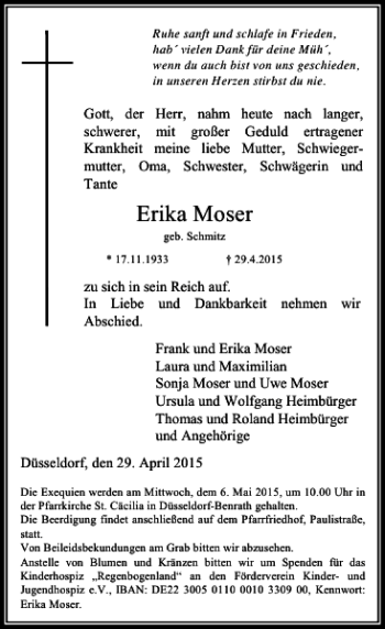 Traueranzeige von Moser Erika von Rheinische Post