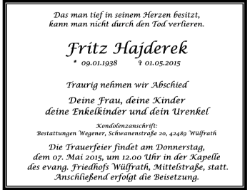 Traueranzeige von Hajderek Fritz von Rheinische Post