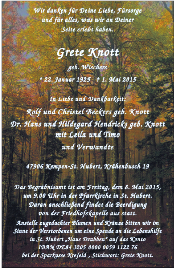 Traueranzeige von Knott Grete von Rheinische Post