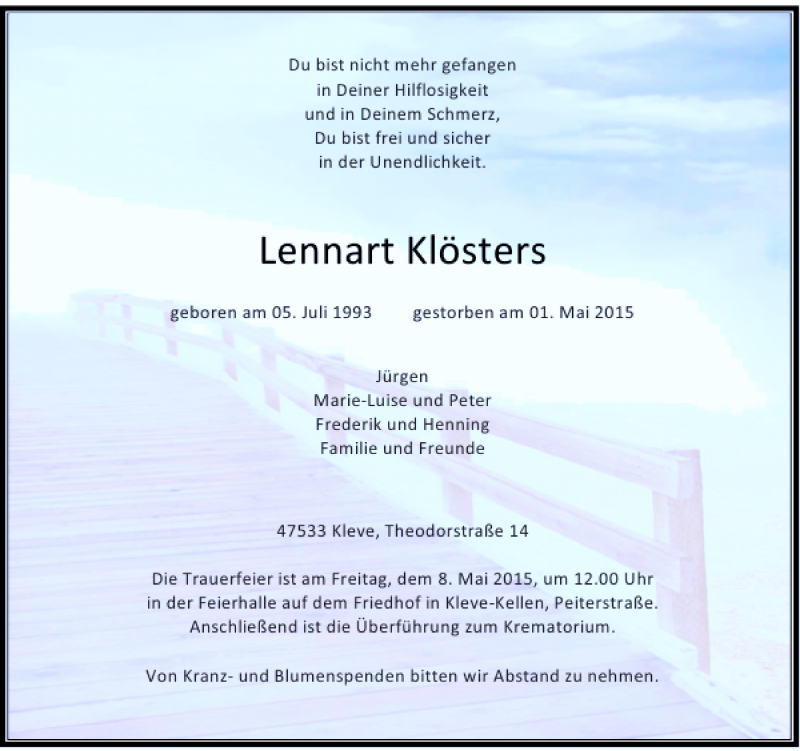  Traueranzeige für Klösters Lennart vom 05.05.2015 aus Rheinische Post