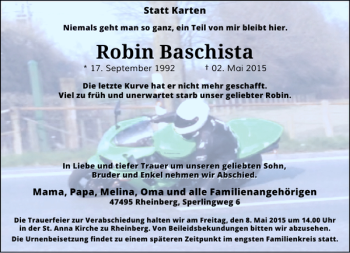 Traueranzeige von Baschista Robin von Rheinische Post