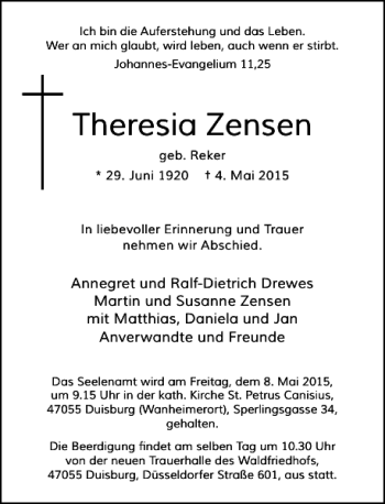 Traueranzeige von Zensen Theresia von Rheinische Post