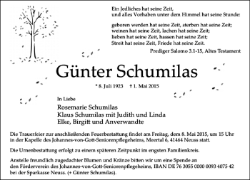 Traueranzeige von Schumilas Günter von Rheinische Post