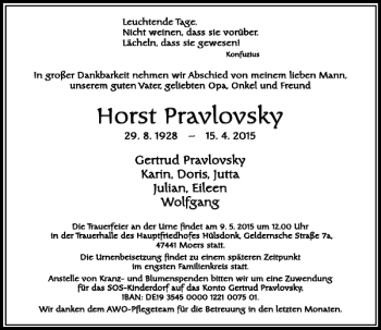 Traueranzeige von Pravlovsky Horst von Rheinische Post