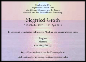 Traueranzeige von Groth Siegfried von Rheinische Post