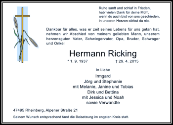 Traueranzeige von Ricking Hermann von Rheinische Post