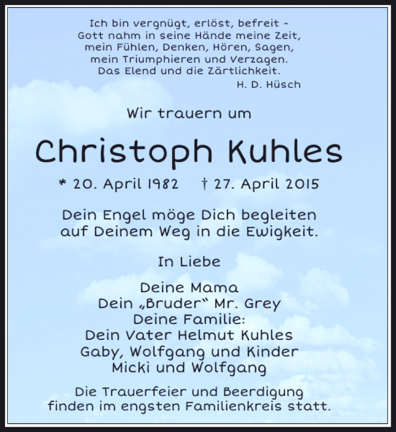  Traueranzeige für Kuhles Christoph vom 06.05.2015 aus Rheinische Post