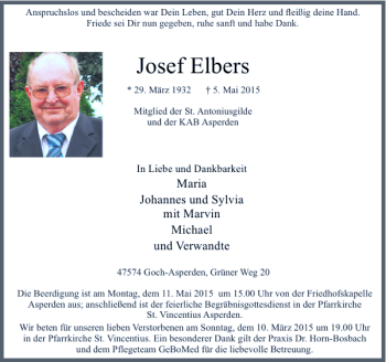 Traueranzeige von Elbers Josef von Rheinische Post