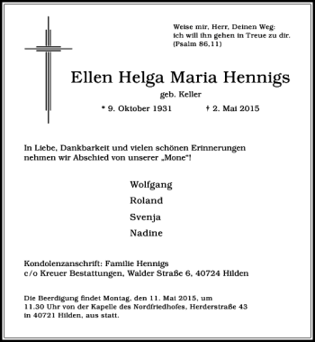 Traueranzeige von Helga Maria Hennigs Ellen von Rheinische Post