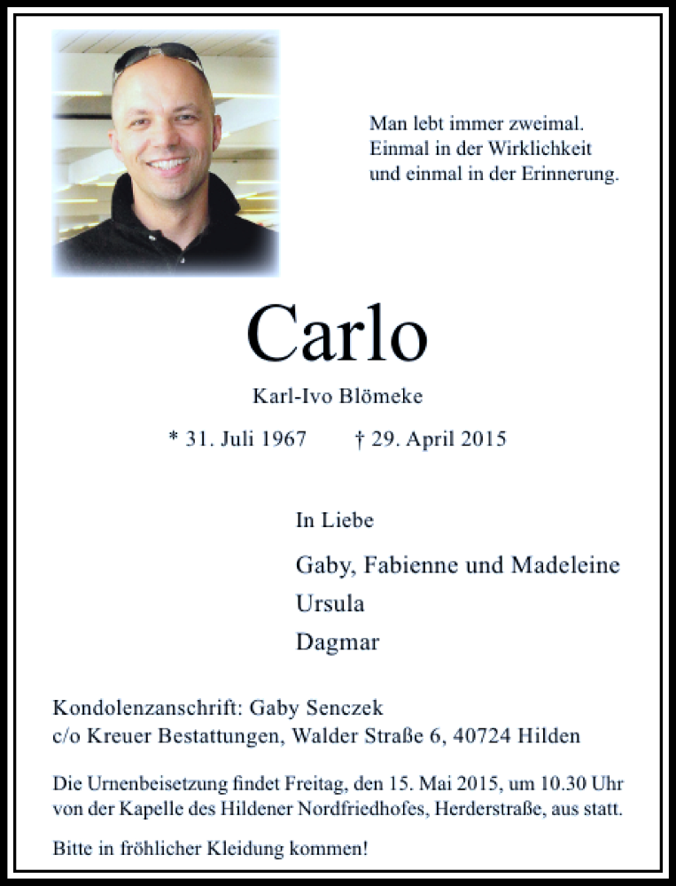  Traueranzeige für Karl-Ivo Blömeke Carlo vom 09.05.2015 aus Rheinische Post