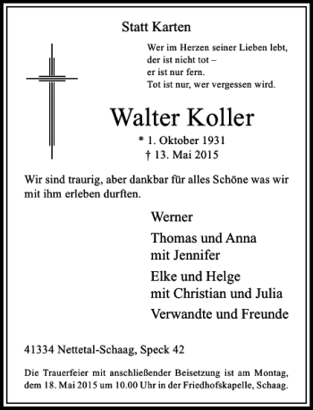 Traueranzeige von Koller Walter von Rheinische Post