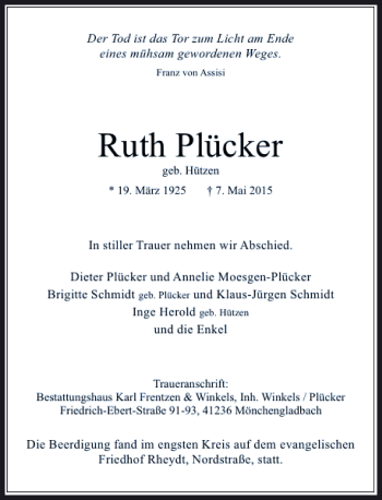Traueranzeige von Plücker Ruth von Rheinische Post