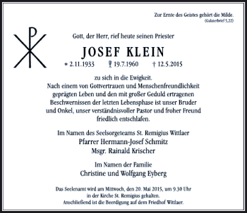 Traueranzeige von Klein Josef von Rheinische Post