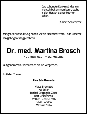 Traueranzeige von med. Martina Brosch Dr. von Rheinische Post