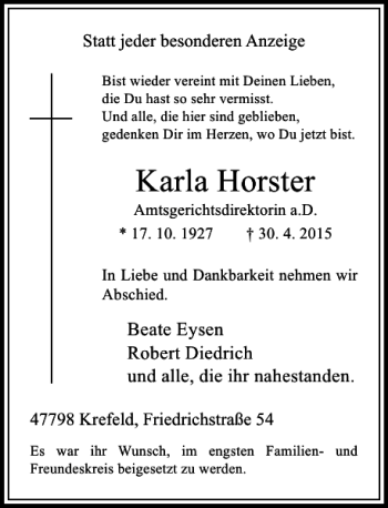 Traueranzeige von Horster Karla von Rheinische Post