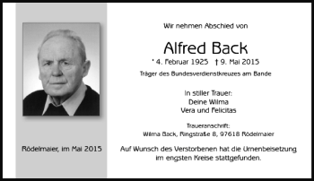 Traueranzeige von Back Alfred von Rheinische Post