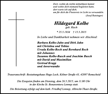 Traueranzeige von Kolbe Hildegard von Rheinische Post